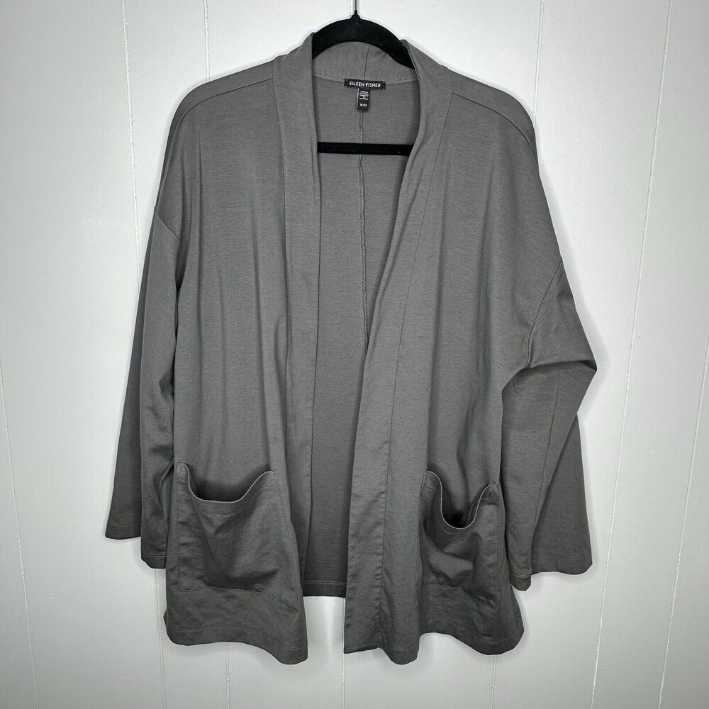 Eileen Fisher Womens Size XL Open Front High Collar Ponte Jacket Gray Pockets